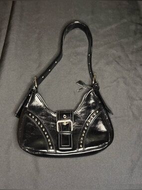 Black Patent Studded Shoulder Bag with Buckle Detail